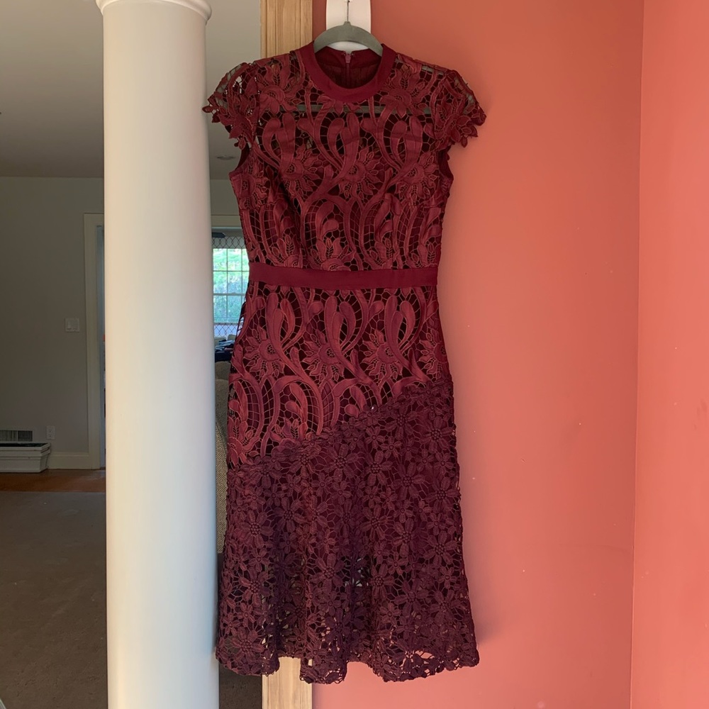 Tahari Maroon Floral Appliqué Dress